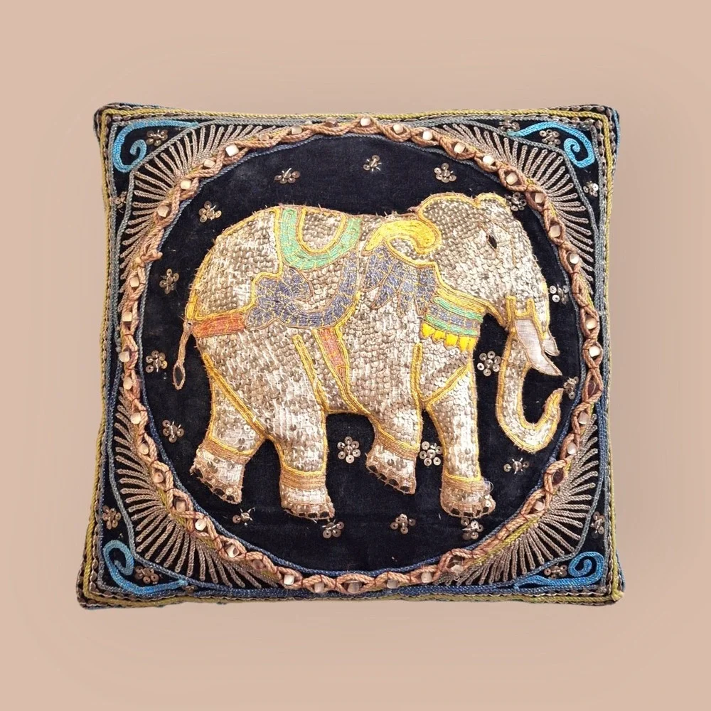 Vintage Boho Kalaga Burmese Elephant Embroidered Sequin Throw Accent Pillows x 2